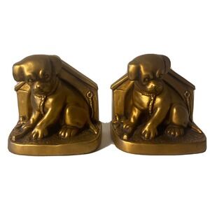 Gold Puppy Doghouse Bookends Vintage Chalkware Mid century